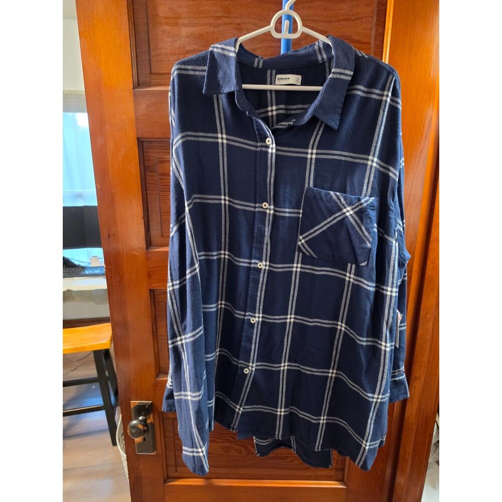 Sonoma Women’s 3X Oversized Flannel Shirt NWT Navy Blue Plaid Button Down